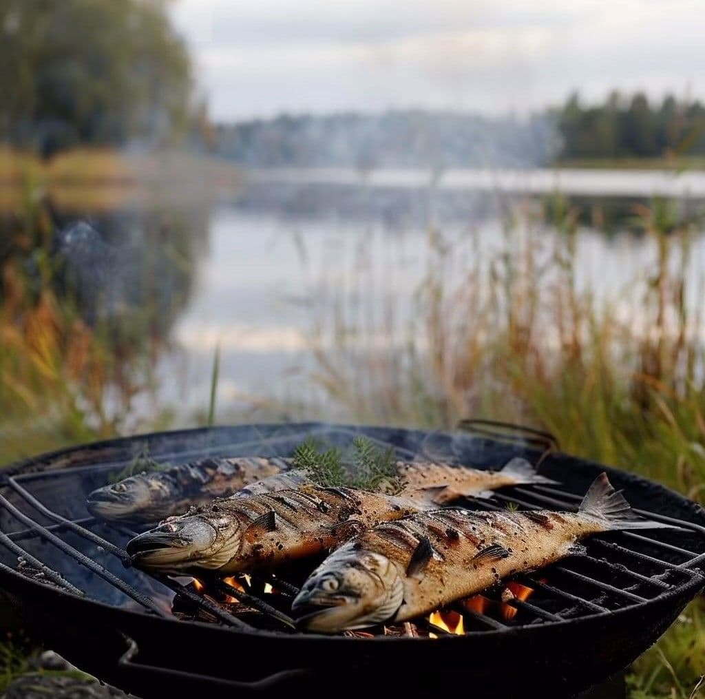 Succulent trout grilled to perfection over an open fire, garnished with fresh herbs, presented in a rustic outdoor lakeside setting, capturing the essence of New York's finest restaurant selections.